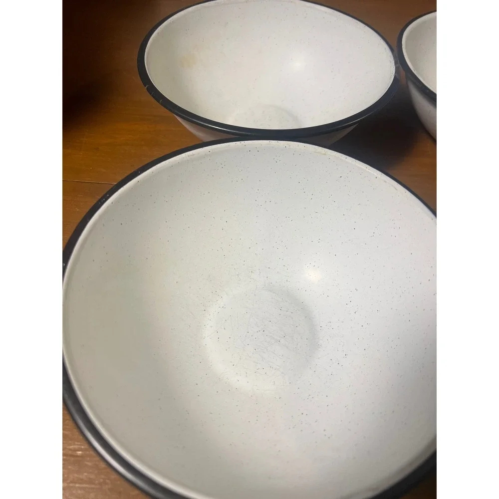 Vtg White Speckled Enamelware Bowls with Black Rim Set of‎ 4 Farmhouse Camping